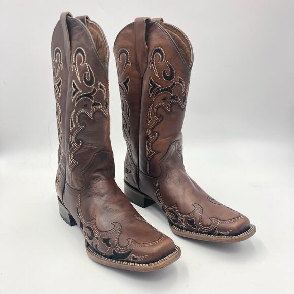 Circle G by Corral  Brown/Black Embroidery Square Toe Boots Size 11 - Picture 3 of 11